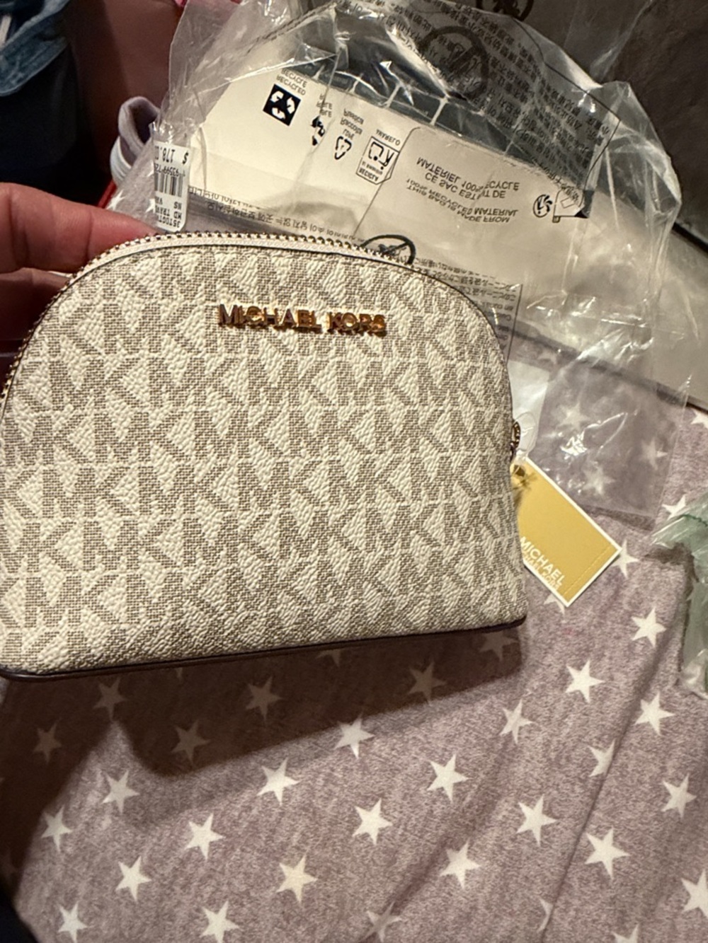 Michael Kors Cream and Gray Logo Dome Cosmetic Case with Gold Hardware - Picture 12 of 13